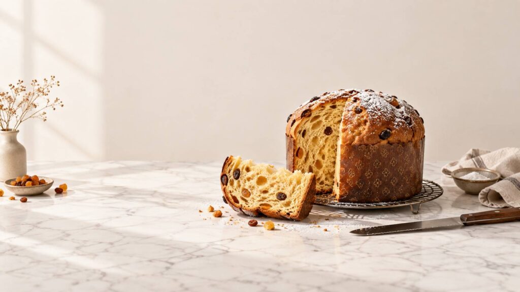 Panettone doré tranché sur une grille en marbre avec sucre glace