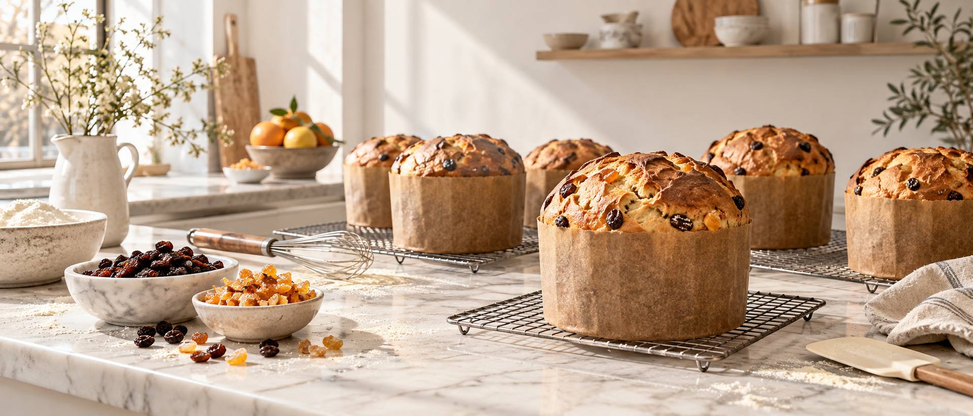 Atelier de pâtisserie avec panettones dorés sur grilles et ingrédients