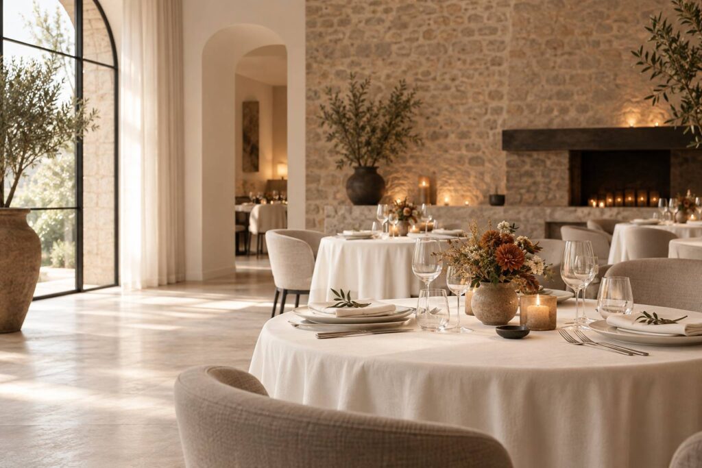 Table dressée dans une salle de restaurant gastronomique raffinée