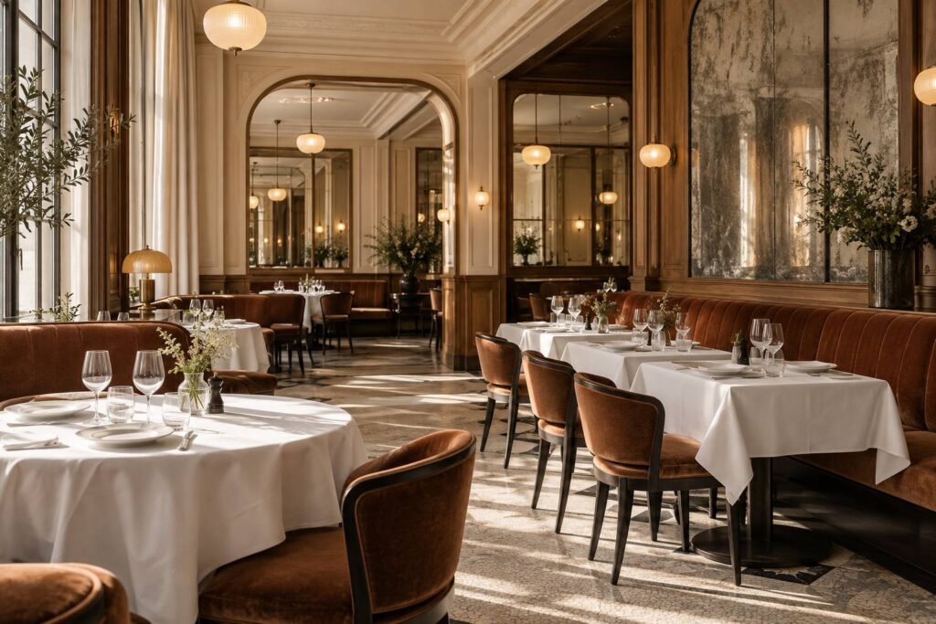 Salle de restaurant français élégante avec tables dressées et banquettes de velours