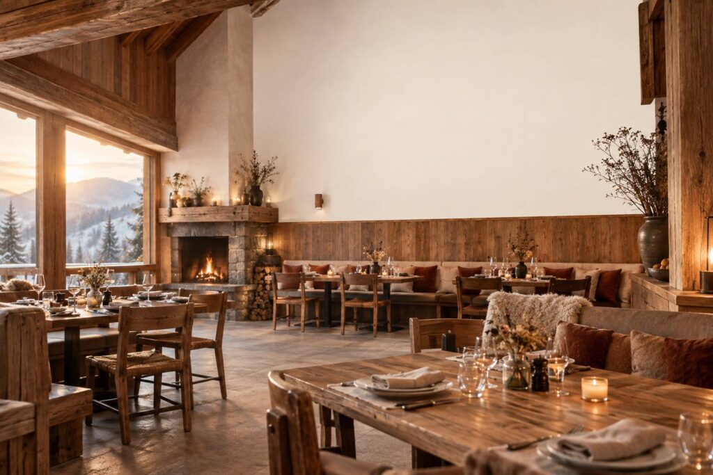 Salle de restaurant jurassien à l'esprit chalet avec tables en bois