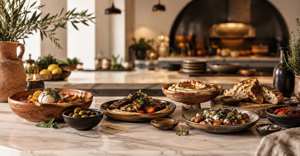 Comptoir de restaurant méditerranéen avec assiettes à partager aux herbes