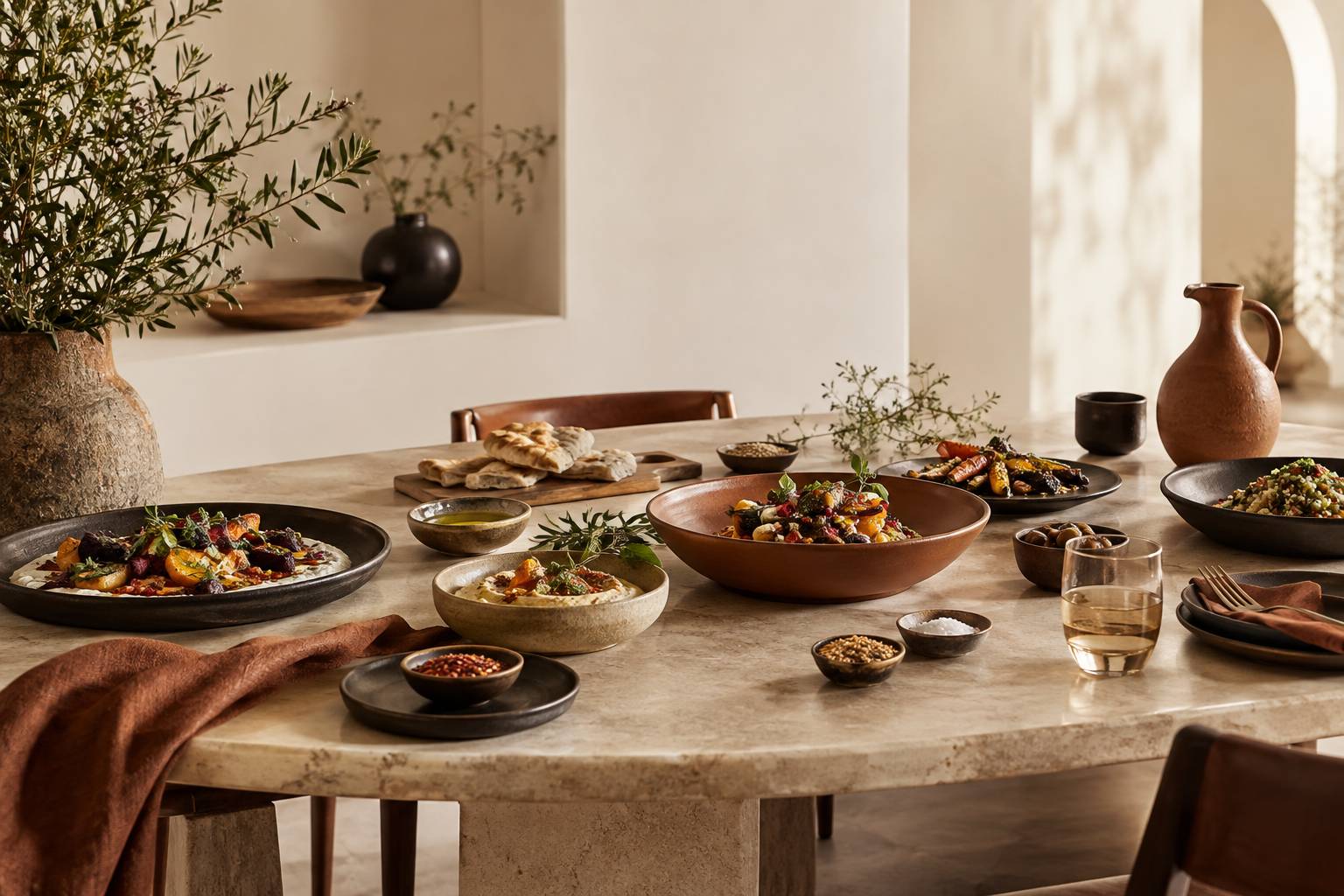 Comptoir de restaurant méditerranéen avec assiettes à partager aux herbes