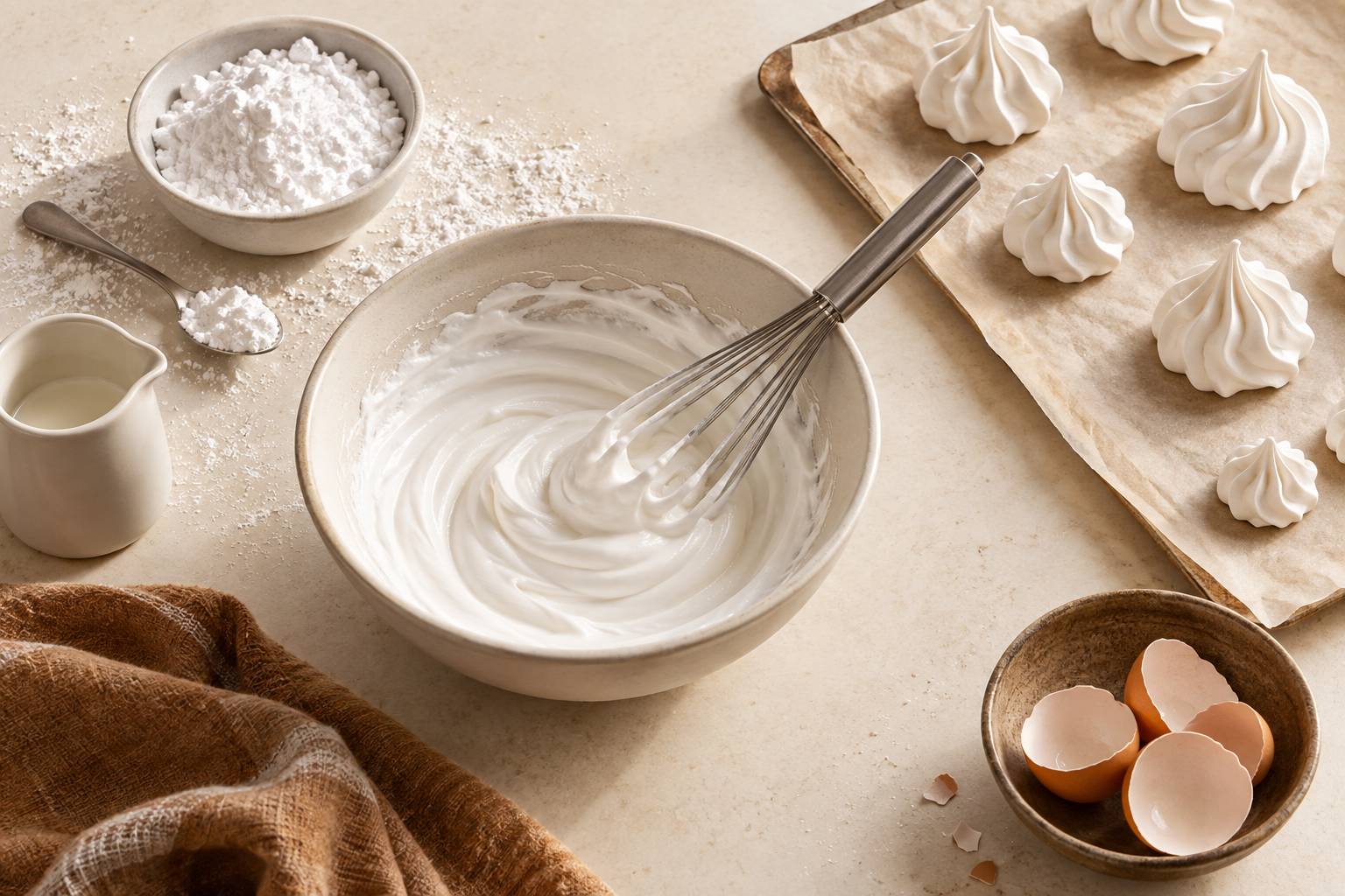 Preparation de glacage au sucre glace et meringues dressees