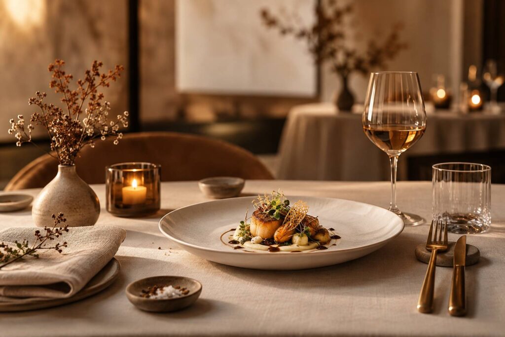 Table gastronomique dressée avec assiette épurée et couverts en laiton