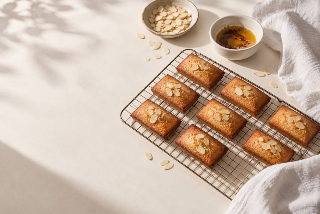 Financiers dores alignes sur une grille avec amandes effilees