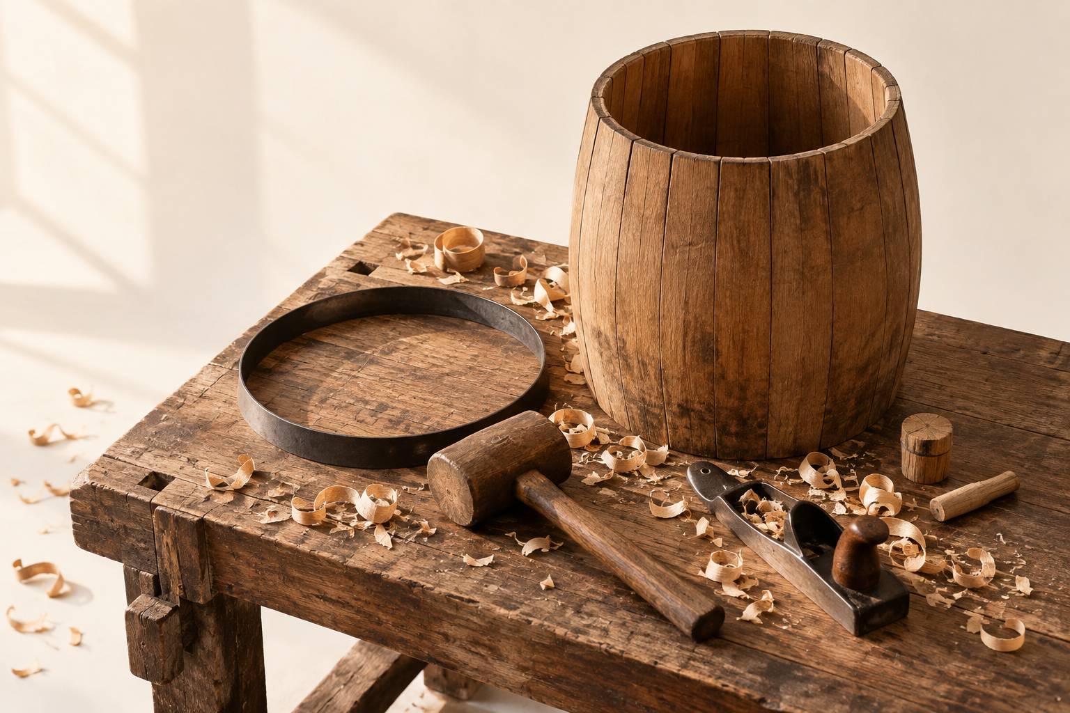 Fut de chene ouvert avec outils de tonnelier et copeaux sur un etabli