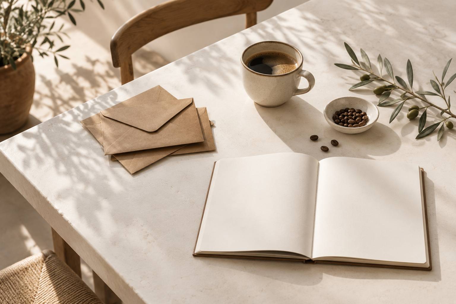 Enveloppes kraft et tasse de cafe sur une table de cuisine claire
