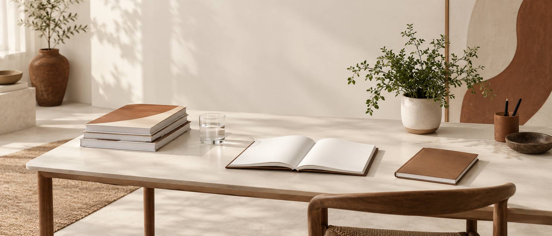 Table de chroniqueur avec magazines neutres, agenda et plante verte