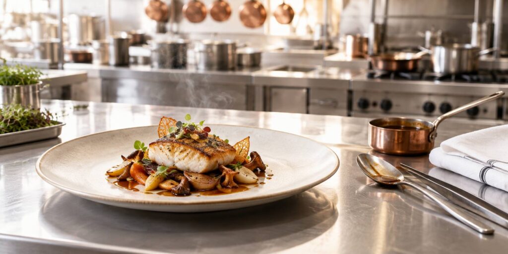 Assiette dressée sur le passe d'une cuisine gastronomique avec pince, cuillère et casseroles