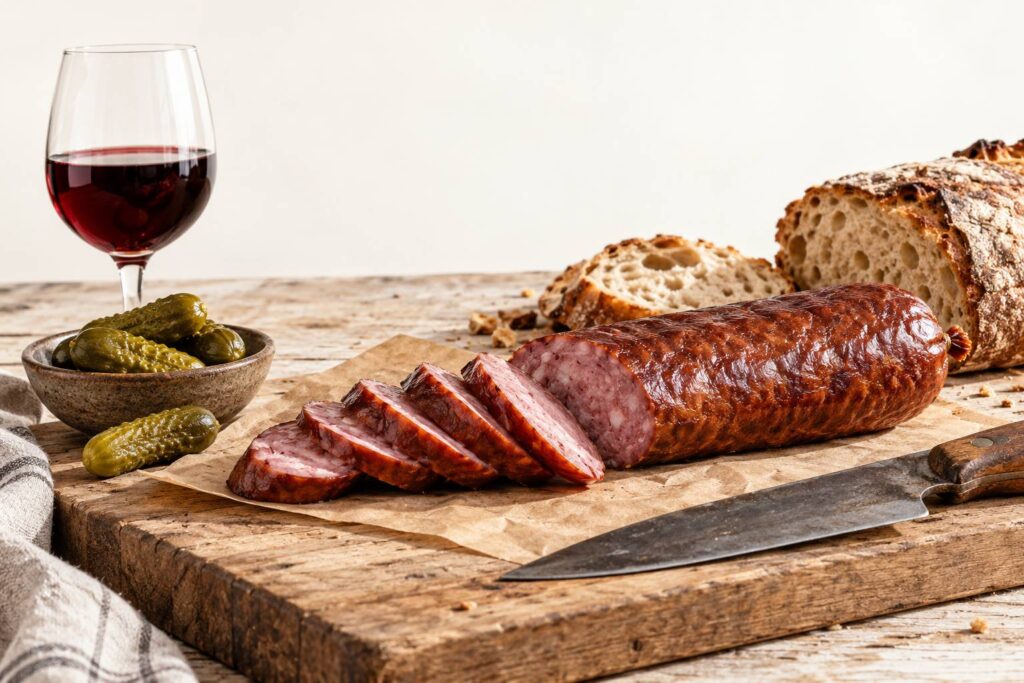 Saucisse fumée tranchée sur une planche de bois avec couteau, cornichons et pain de campagne