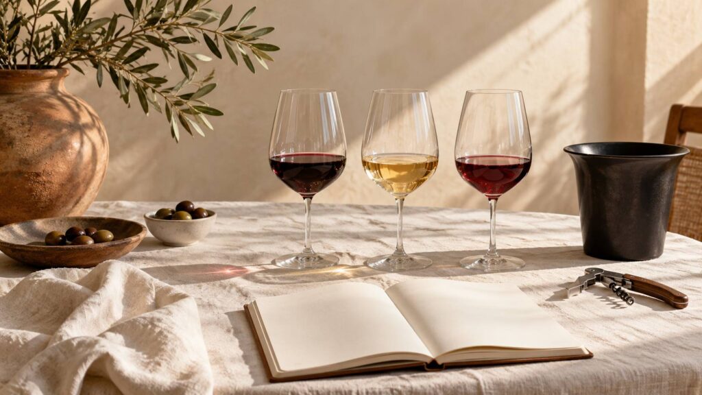Table de dégustation avec verres de vin, carnet aux pages vierges et tire-bouchon